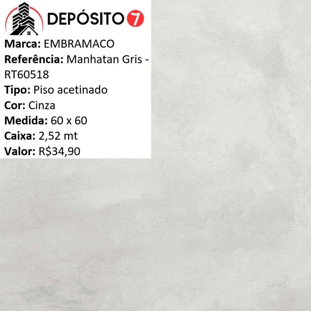 EMBRAMACO PISO RETIFICADO 60X60 MANHATAN GRIS RT60518 (CAIXA COM 2,52MT)